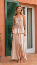 Elegance Lace-Trimmed Cami Top and Maxi Skirt Set in Champagne front view