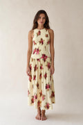 Front view of woman wearing Floral Cream sleeveless midi dress