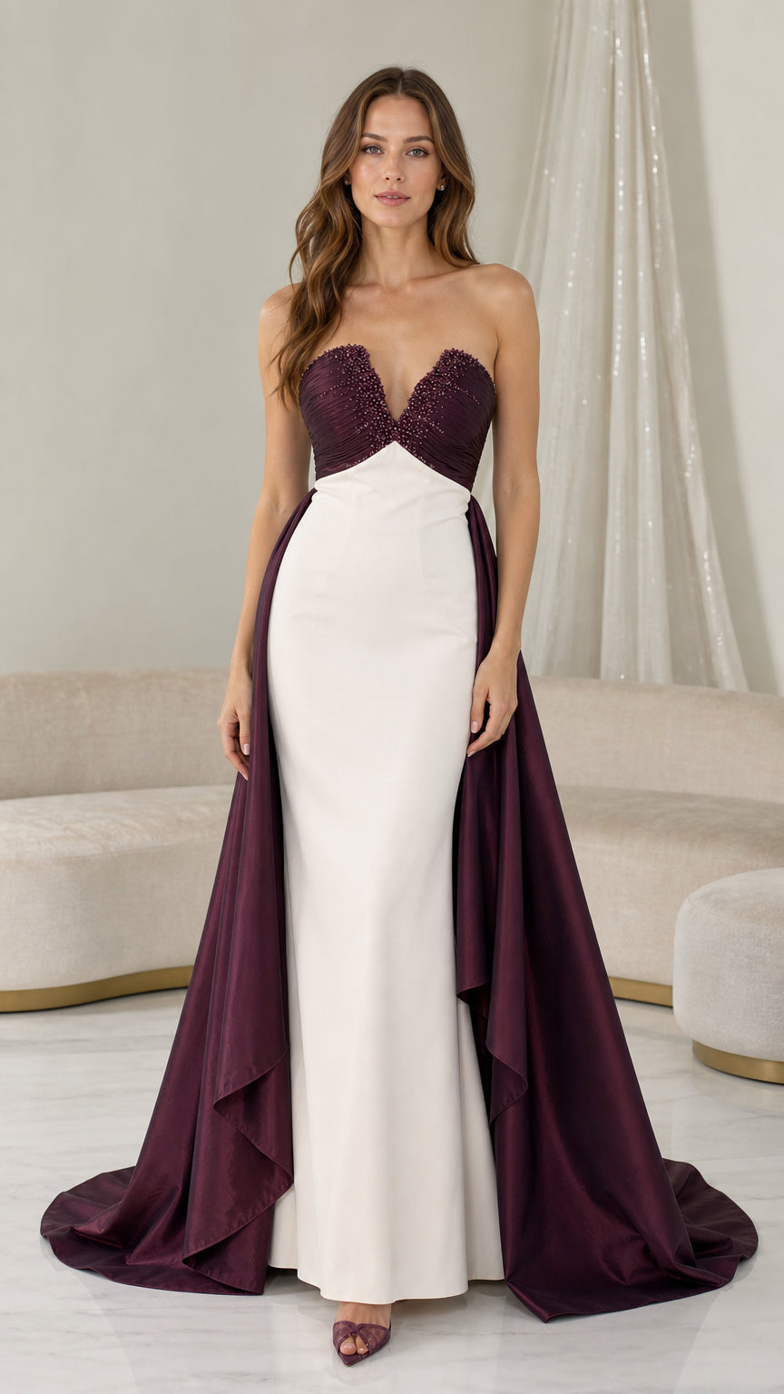 Front view of burgundy and white strapless evening dress with over-skirt train