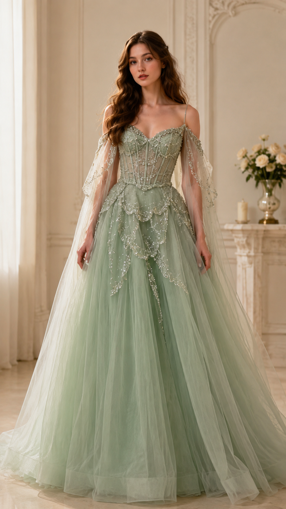 Front view of sage off-shoulder glitter tulle ball gown with embellished corset-style bodice