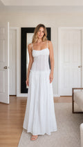 Front view of model wearing White pleated cami maxi dress