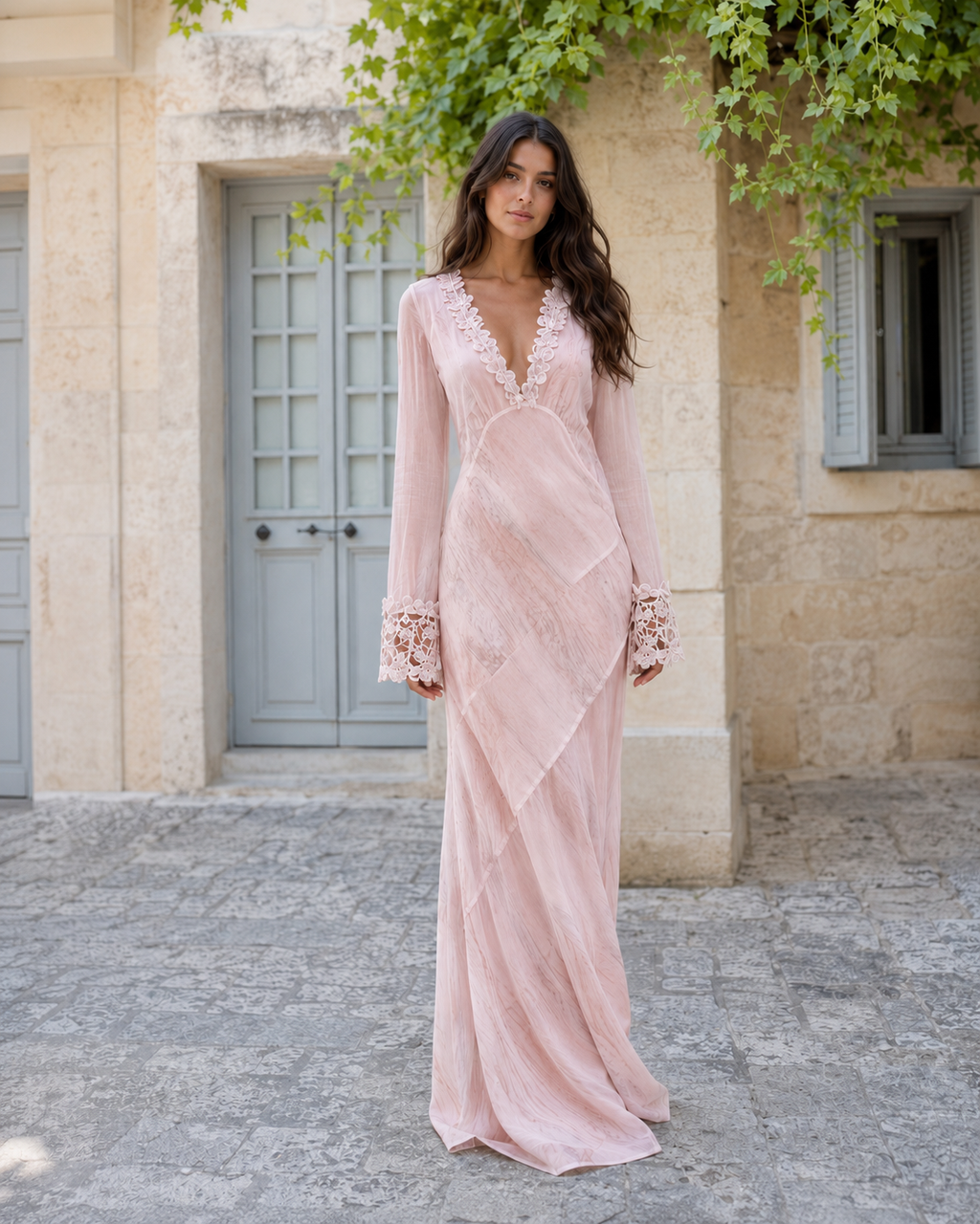 Blush pink lace trim deep V maxi dress with sheer long sleeves front view