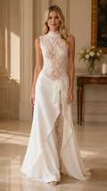 Front view of ivory sleeveless lace mock neck maxi dress with cascading ruffle front and waist flower detail