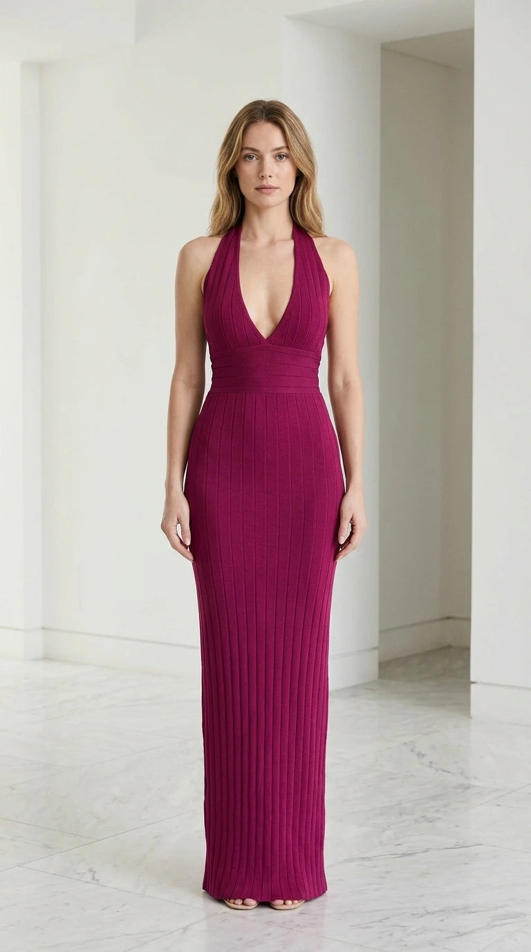 Front view of magenta ribbed halter maxi dress
