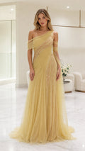 Front view of yellow one-shoulder beaded tulle evening gown