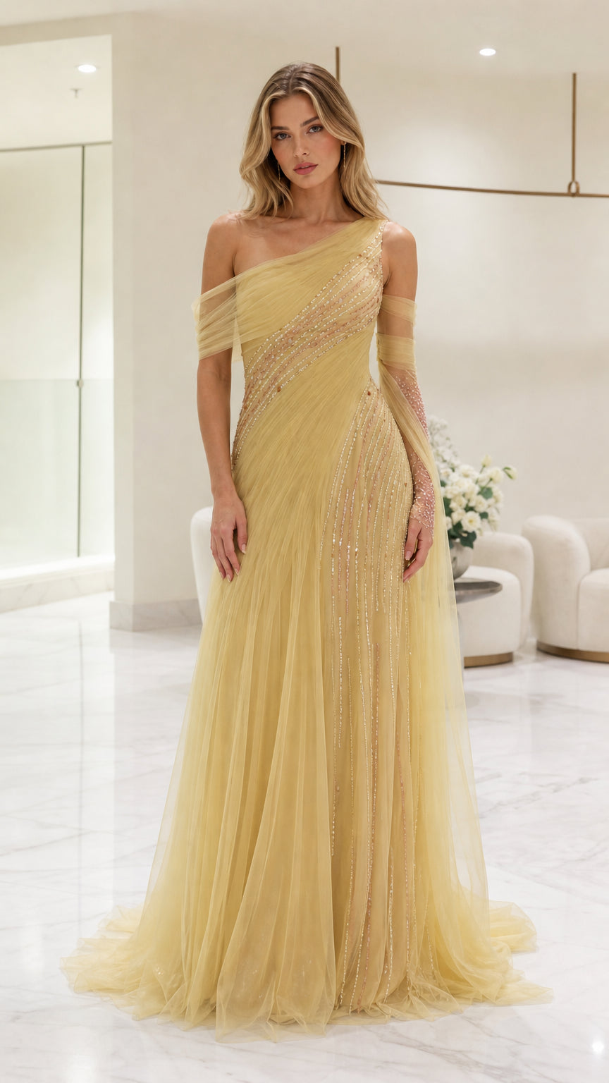Front view of yellow one-shoulder beaded tulle evening gown