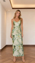 Front view of sage green floral sequin maxi dress