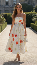 Front view of ivory strapless floral midi dress with full A-line skirt