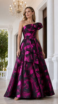 Front view of model wearing fuchsia one-shoulder metallic ball gown