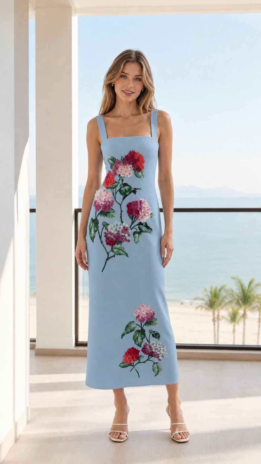 Front view of model wearing Light Blue floral midi dress