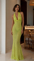 Front view of lime sequin halter maxi dress