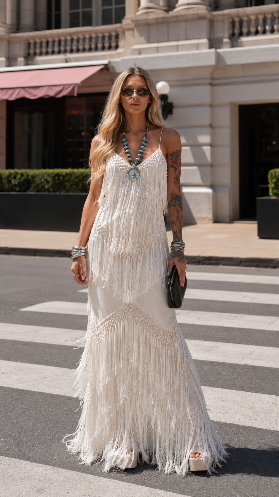 Front view of ivory fringe cami maxi dress with spaghetti straps and layered fringe