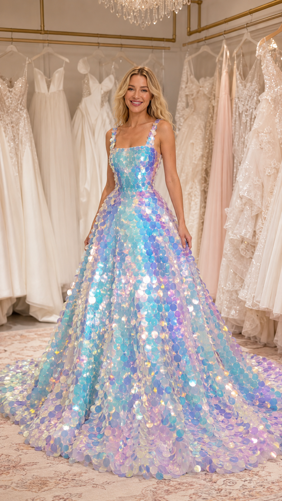 Front view of iridescent blue sequin ball gown maxi dress with square neckline and full skirt