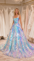 Front view of iridescent blue sequin ball gown maxi dress with square neckline and full skirt