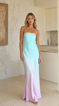 Front view of model wearing blue and pink ombre strapless satin maxi dress