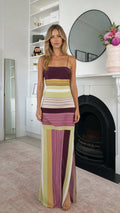 Front view of burgundy multi striped cami maxi dress