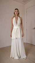 Front view of ivory open knit halter top and maxi skirt set