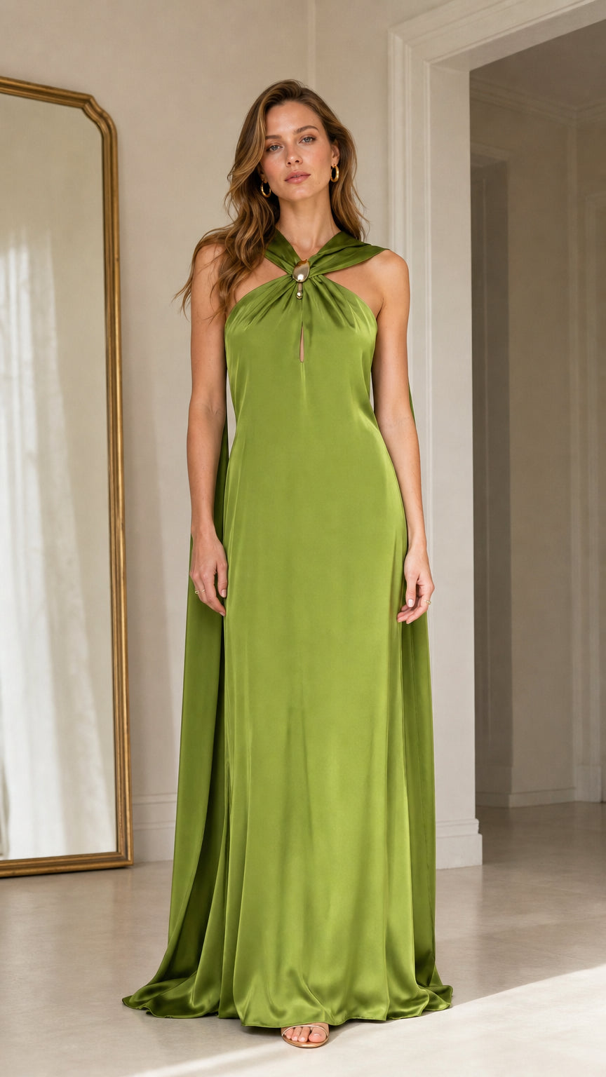 Front view of olive green satin halter maxi dress with back drape