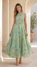 Sage green floral embroidered midi dress front view