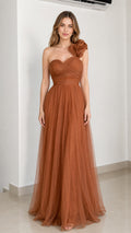 Front view of rust brown one-shoulder tulle evening gown