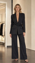 Front view of black wrap-detail blazer and wide-leg suit set