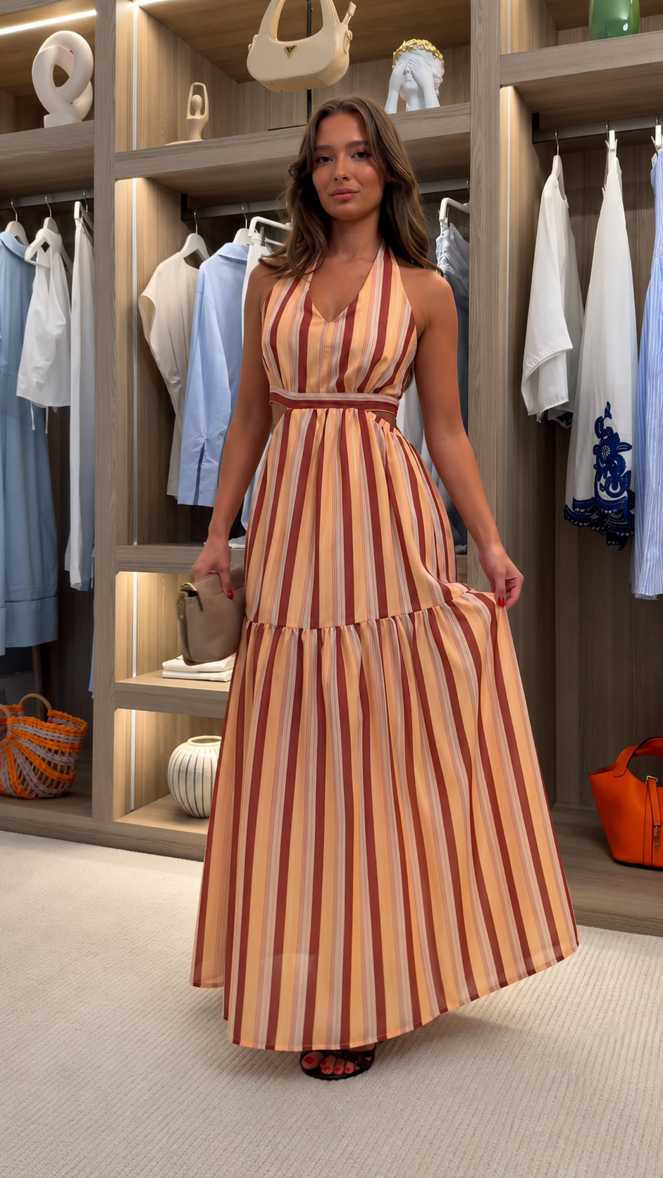 Apricot striped halter neck tiered maxi dress front view