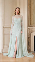 Front view of sage green beaded cape sleeve evening dress