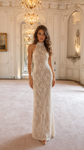 Front view of ivory high neck sleeveless lace mermaid maxi dress