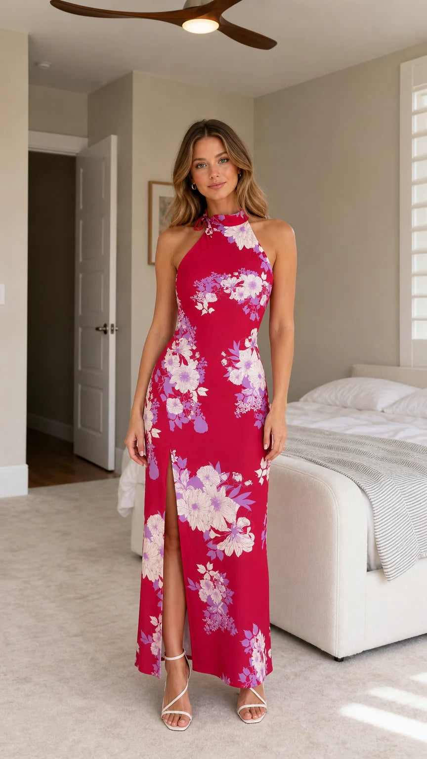 Front view of fuchsia floral halter neck maxi dress with side slit