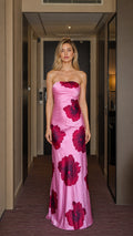 Front view of pink floral satin maxi dress