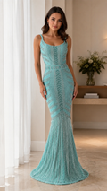 Front view of aqua sequin mermaid evening gown with scoop neckline and fitted waist
