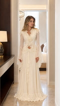 Front view of champagne ruffled chiffon maxi dress