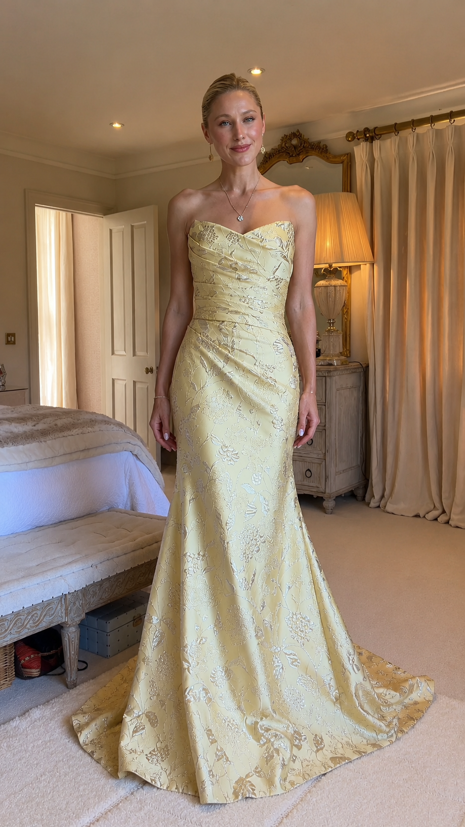 Front view of butter yellow strapless sweetheart jacquard mermaid evening gown