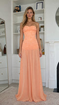 Elegance Strapless Textured Bodice Chiffon Maxi Dress in Peach front view
