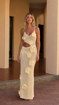 Full front view of model wearing yellow crochet cutout maxi dress