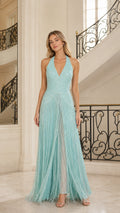 Front view of light blue beaded fringe evening gown