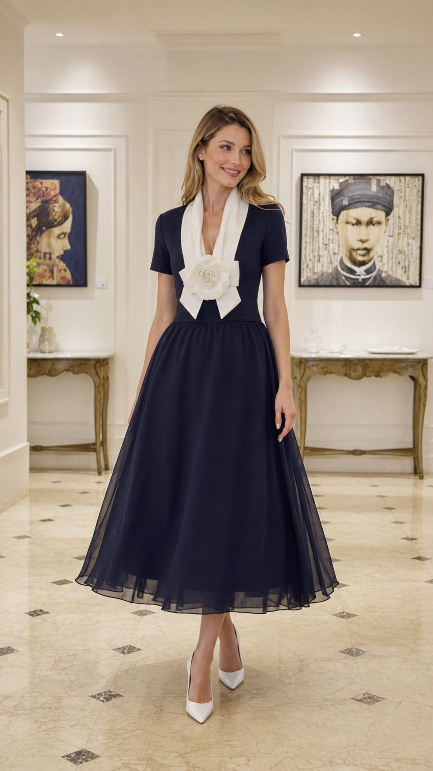 Front full view of Navy contrast collar tulle midi dress
