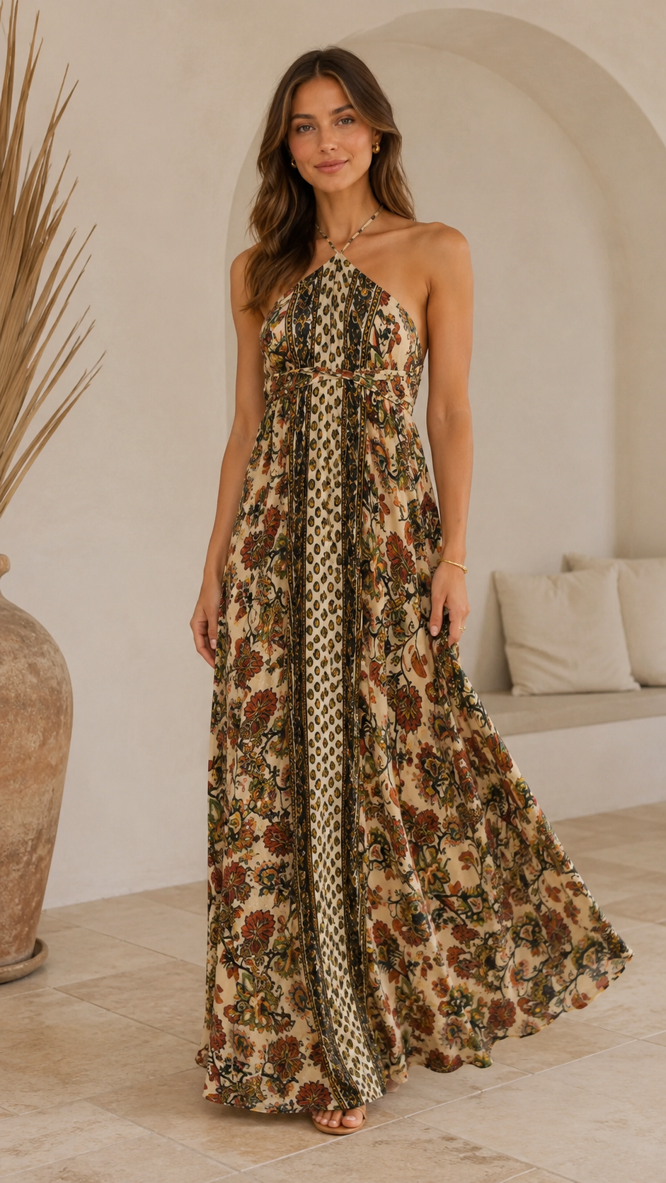 Front view of beige boho halter backless maxi dress with mixed floral print