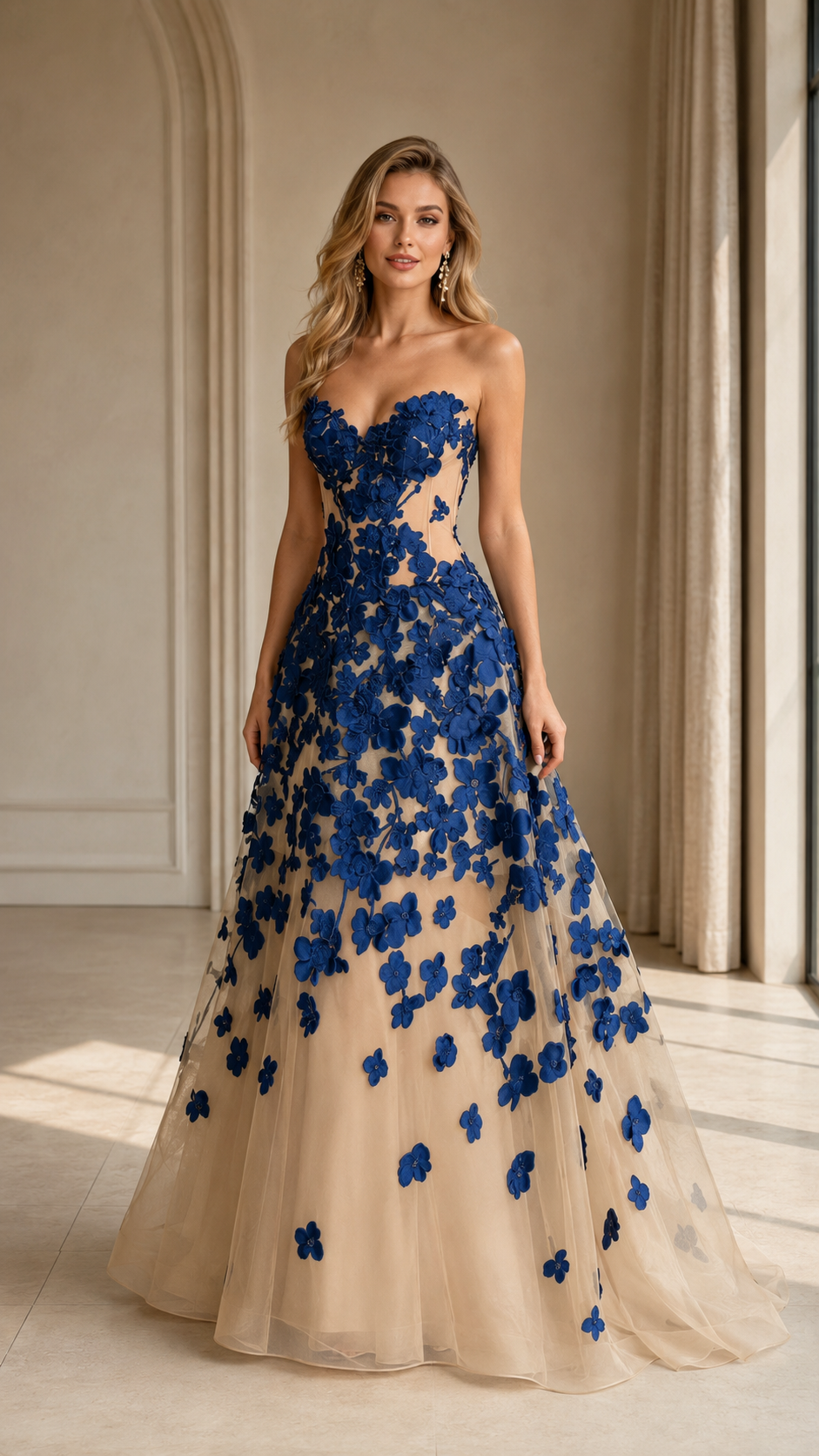 Front view of royal blue floral appliqué strapless A-line evening gown with nude illusion base