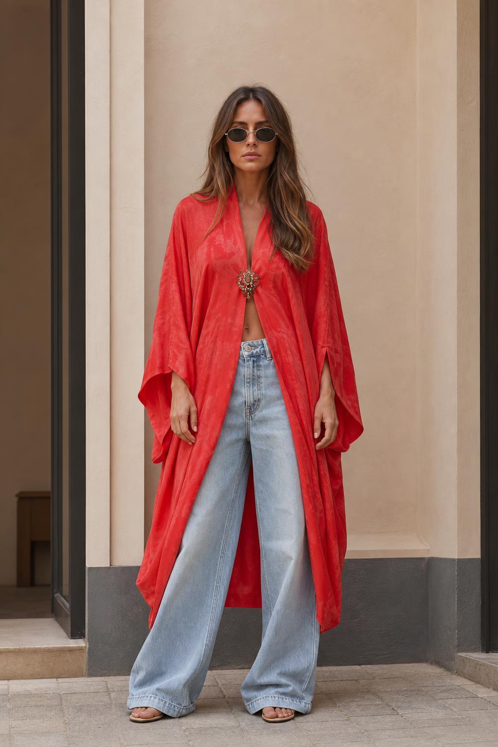 Front view of model wearing red long kimono cardigan with wide-leg jeans
