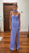 Lavender ruched halter maxi dress with front slit shown from the front