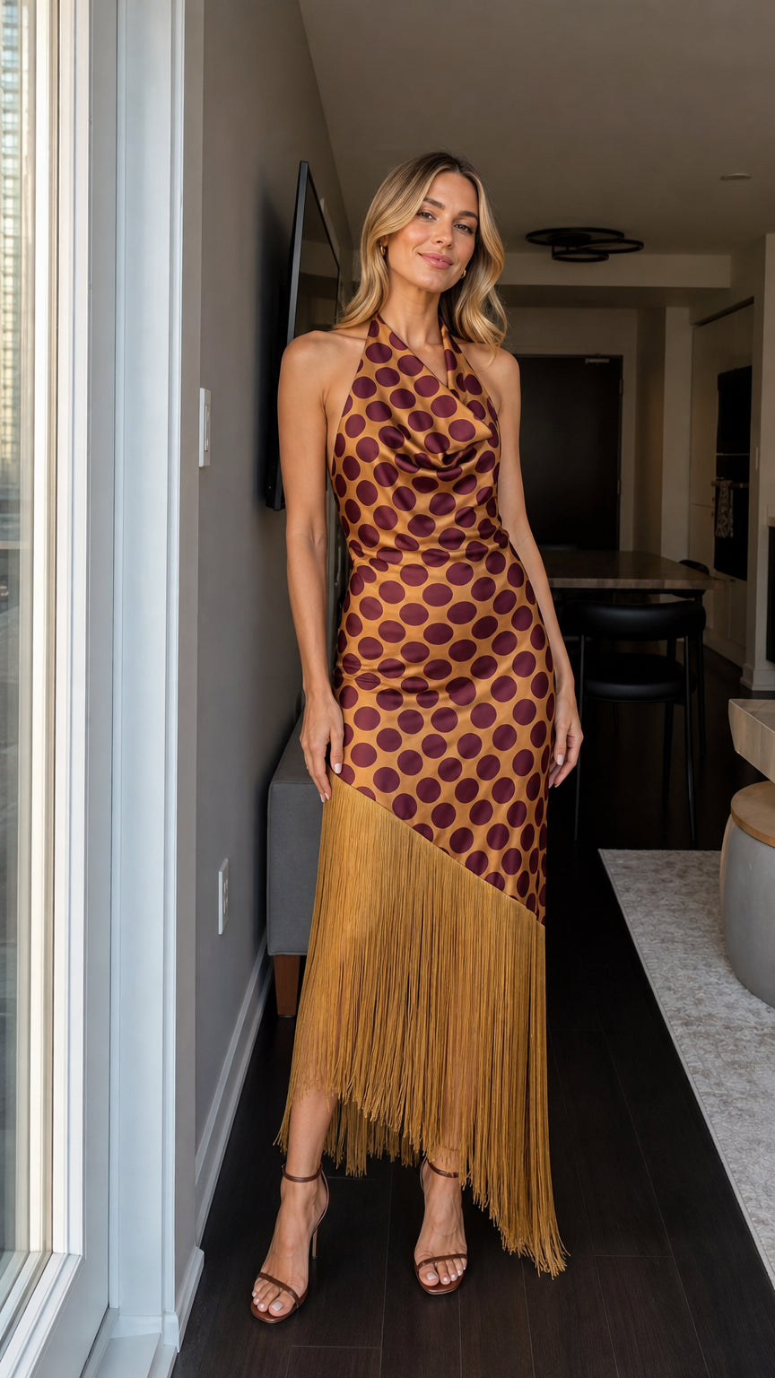 Front view of woman wearing brown polka dot halter maxi dress with fringe hem
