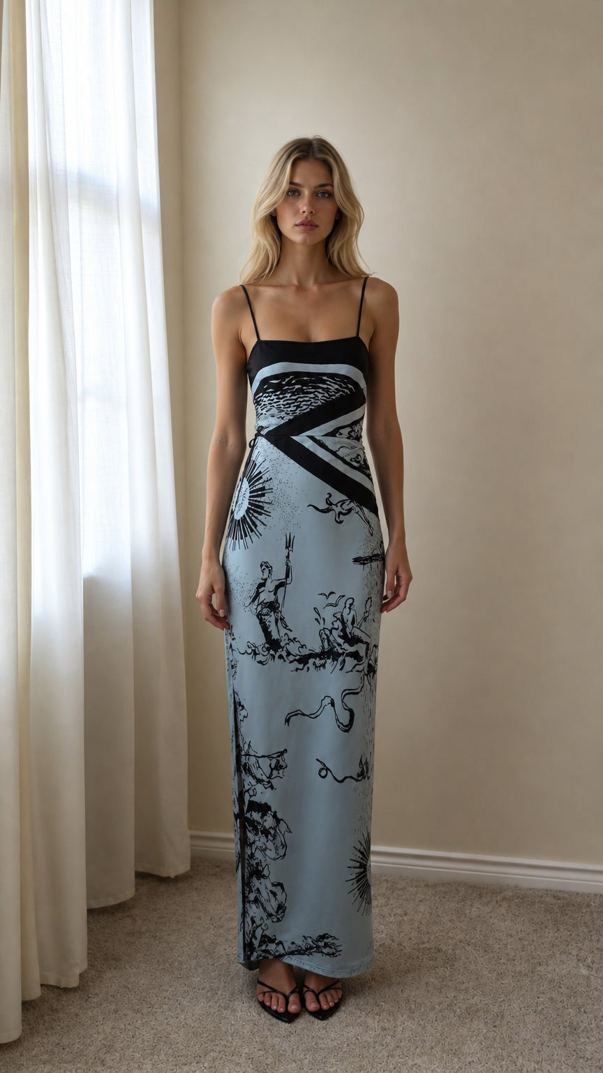 Front view of Light Blue graphic print maxi slip dress