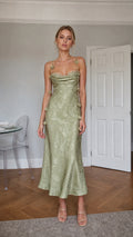 Sage Green satin floral midi dress front view
