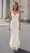 Front view of White Elegance Spotted Ruffle Mermaid Camisole Dress