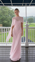 Elegance Flowing Cape Overlay Maxi Evening Dress in Pink front view
