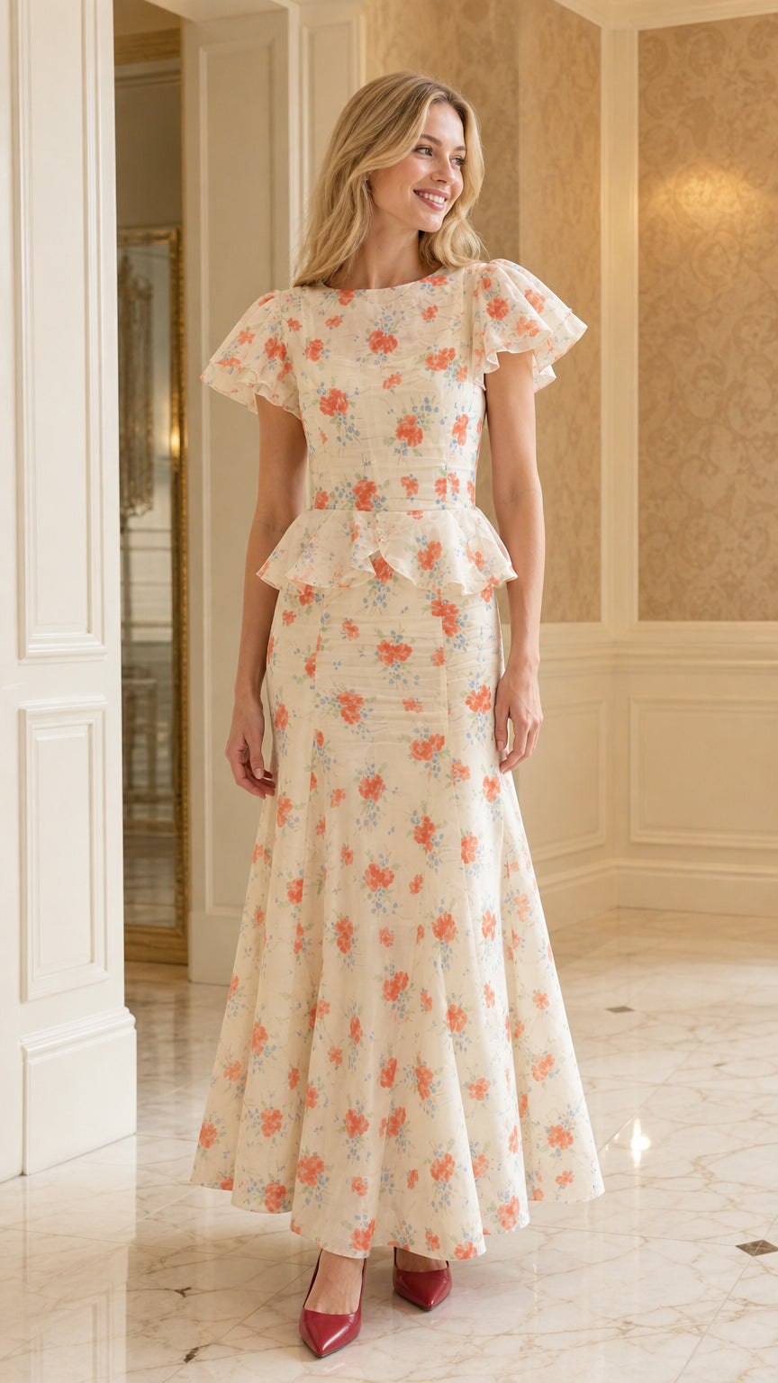 Front view of cream floral print ruffle sleeve peplum maxi dress
