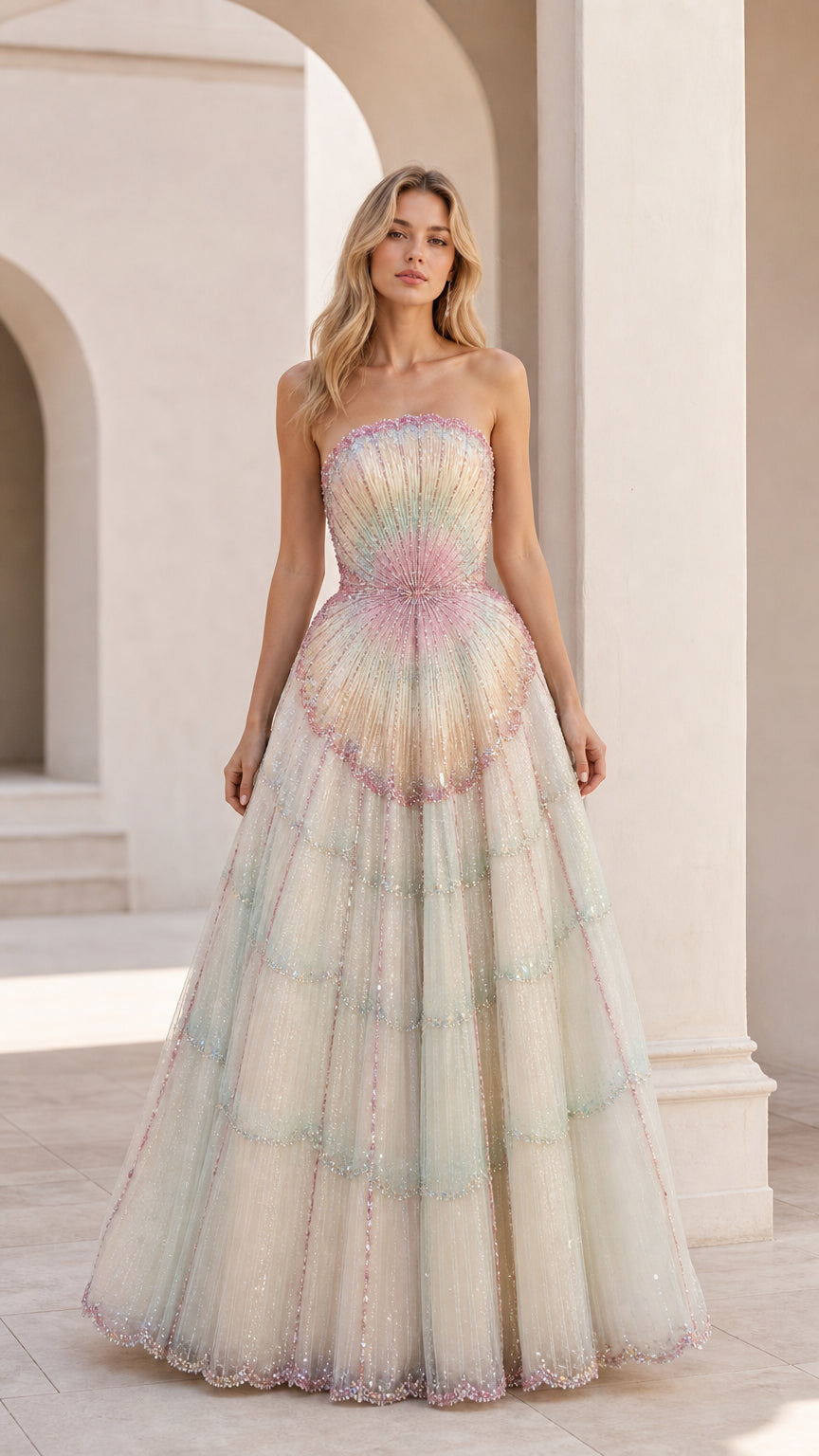 Front view of multi-color strapless tulle ball gown