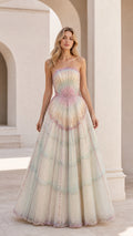 Front view of multi-color strapless tulle ball gown
