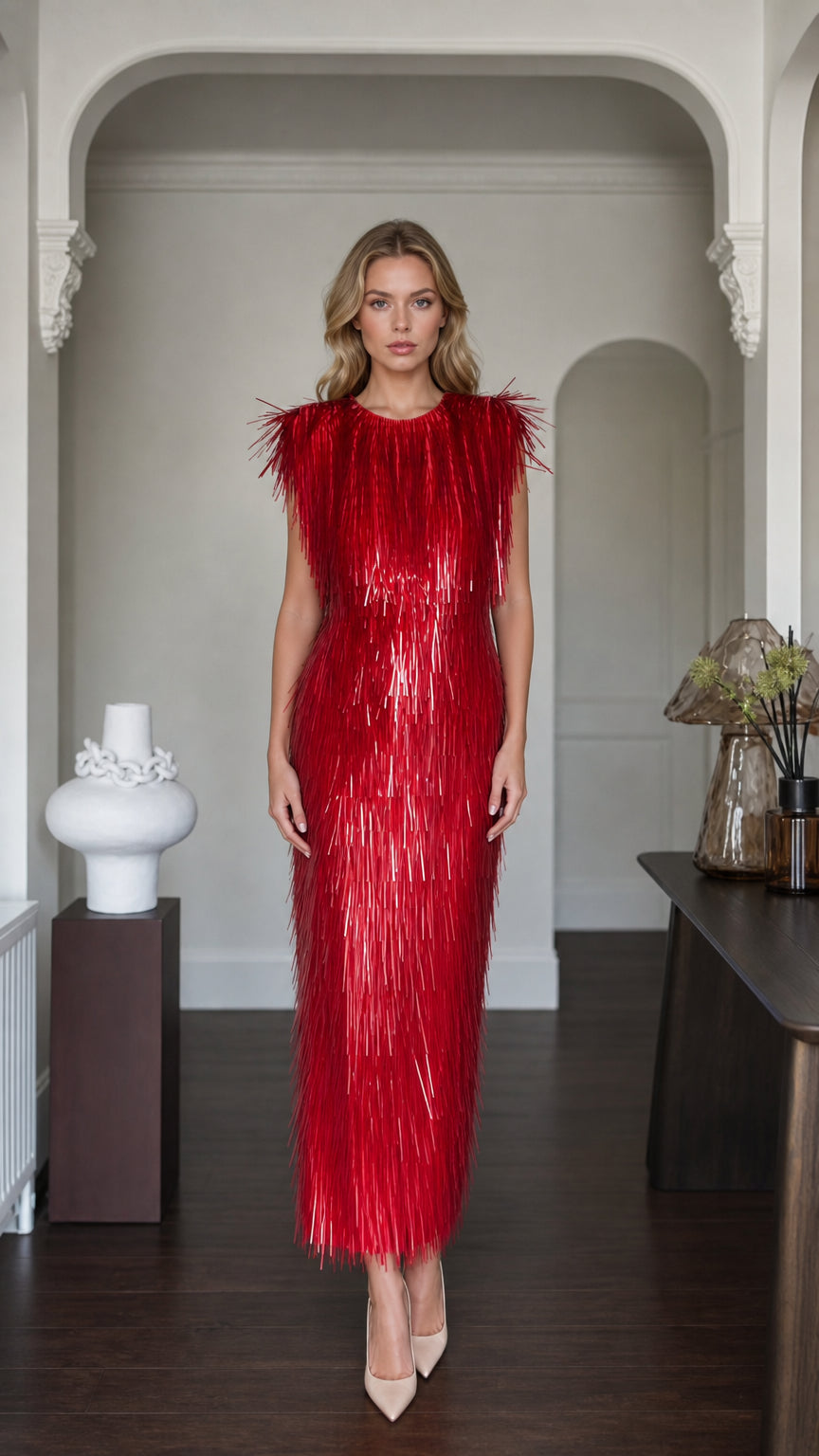 Front view of model wearing red fringe maxi dress